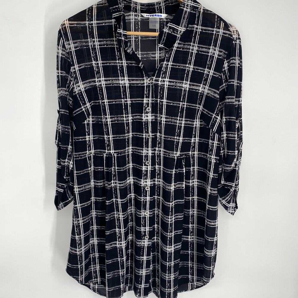 Nygard Tunic Women’s Large‎ Black & White Plaid Semi Sheer Fall Pleated TradMom